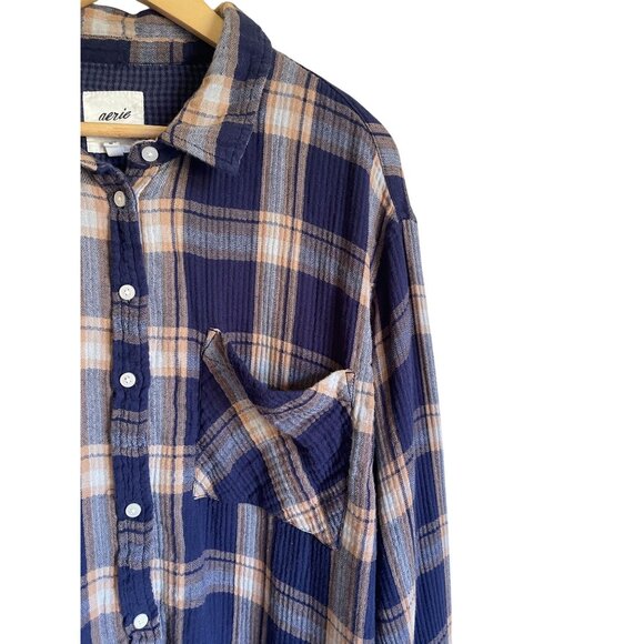 AERIE XXL BLue White Plaid Button Up Collared Shirt Oversized Brushed Cotton - Picture 3 of 8